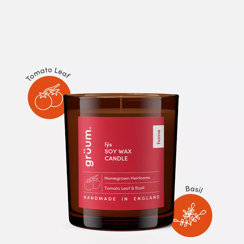 Soy wax candle, tomato leaf and basil scent.
