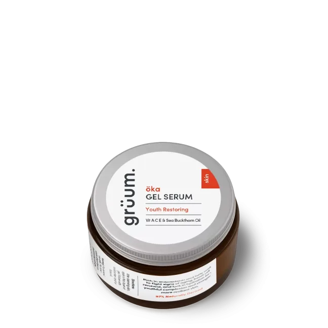 Brown jar with grey lid, labeled gel serum.