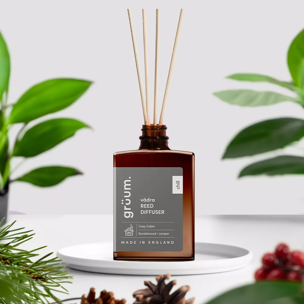 vädra Reed Diffuser Set – Sandalwood scent with glass bottle and four rattan reeds, 30ml by grüum.