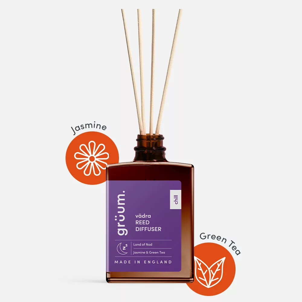 vädra Reed Diffuser Set – The Land of Nod variant in eco-friendly packaging with recyclable glass jar and biodegradable rattan reeds.