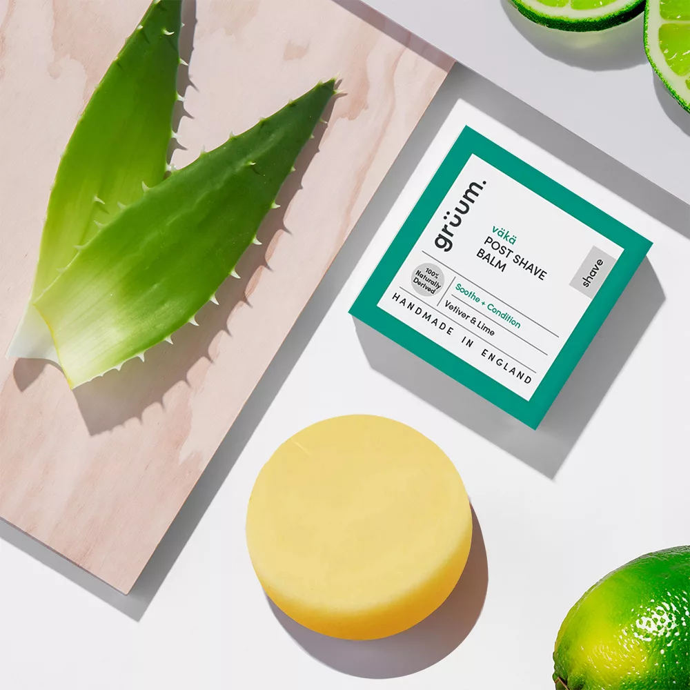 Aloe, lime, balm, and packaging displayed.